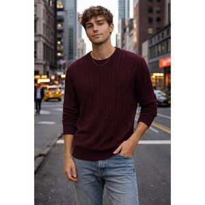 IZOD Mens Burgundy Cable Knit Crewneck Sweater 100% Cotton Maroon Large